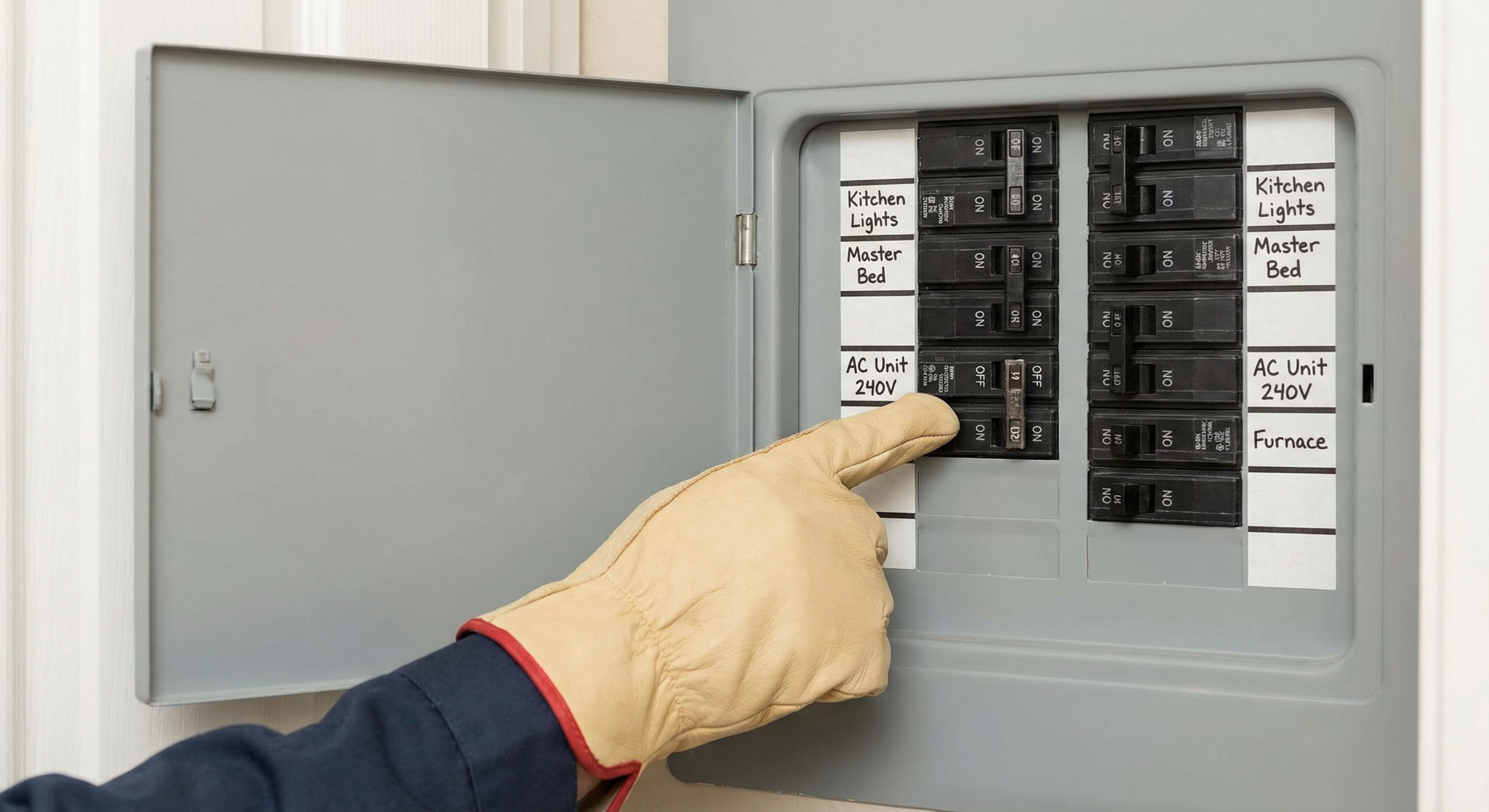 Circuit breaker panel showing tripped AC breaker