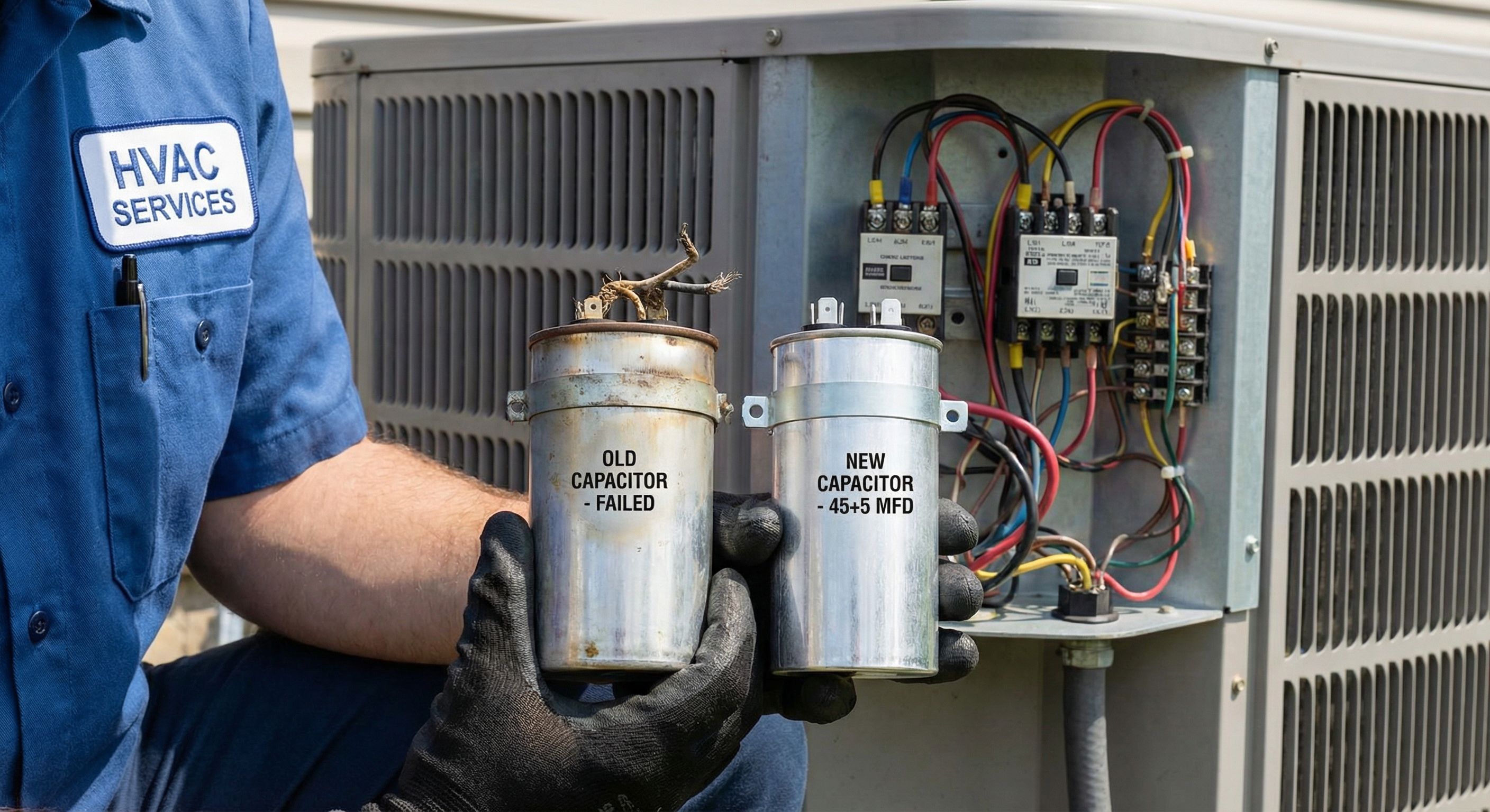 Failed AC capacitor with bulged mushroom top showing 35/5 MFD 440V specifications