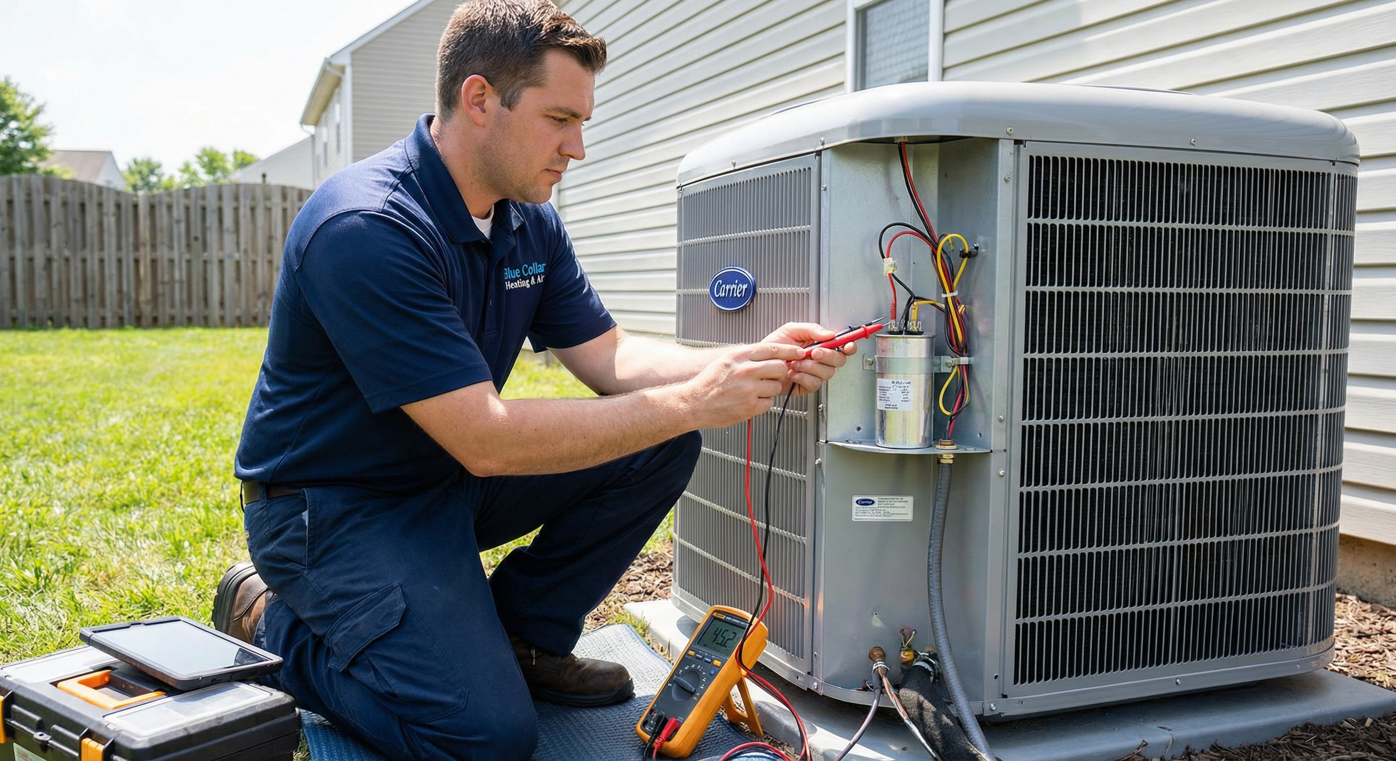 Blue Collar Heating technician testing AC capacitor with digital multimeter in Denver home