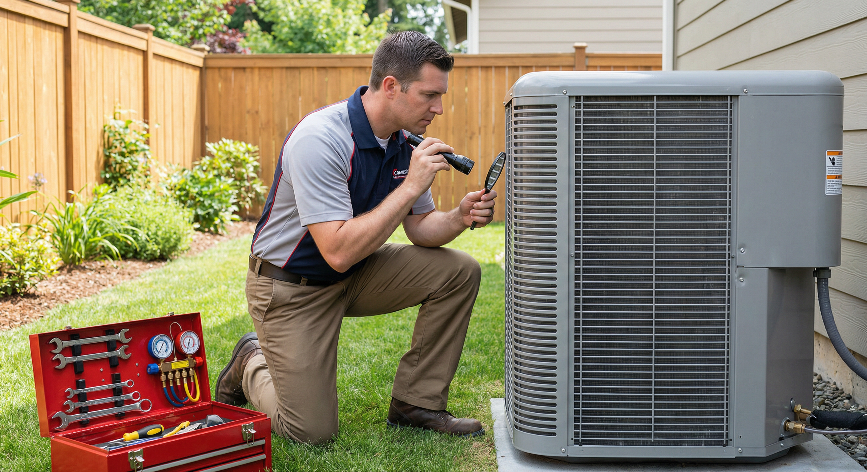Before and after AC repair showing frustrated homeowner at 85 degrees vs comfortable at 68 degrees