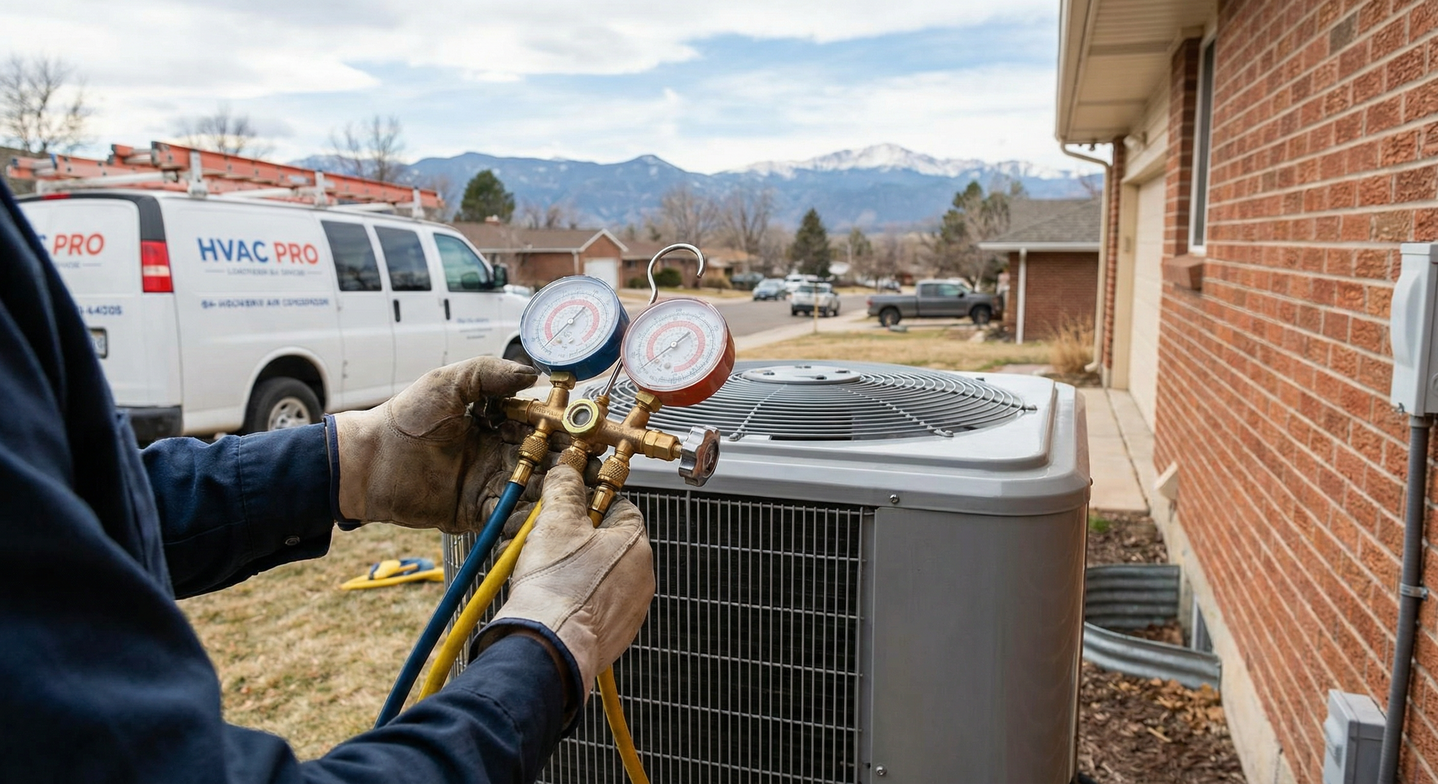 Technician adding refrigerant to AC unit with manifold gauges