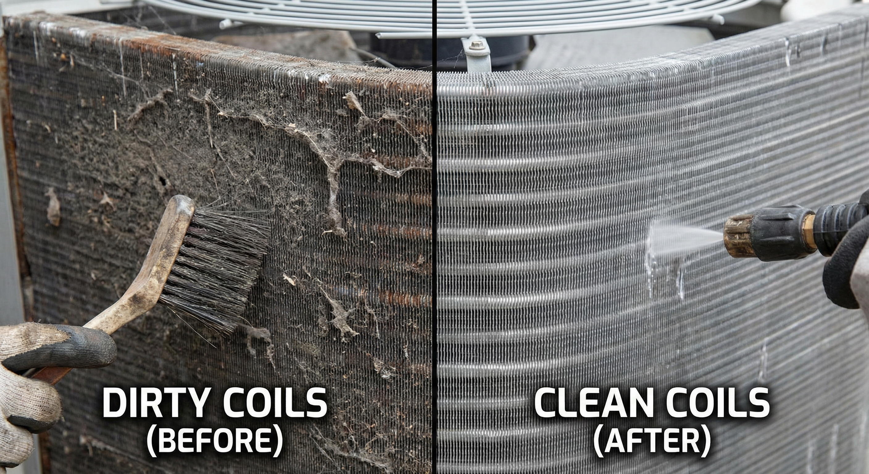 Before and after of dirty vs clean AC condenser coils