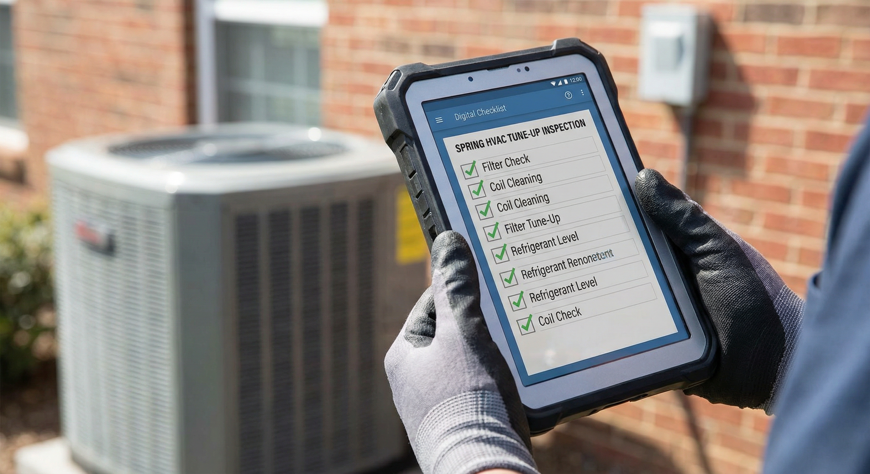 HVAC maintenance checklist on tablet with checkmarks