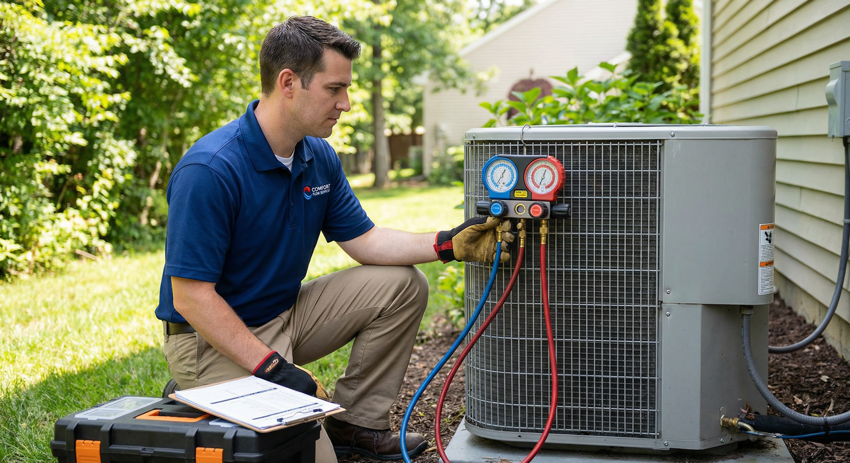Technician checking refrigerant pressures with manifold gauges
