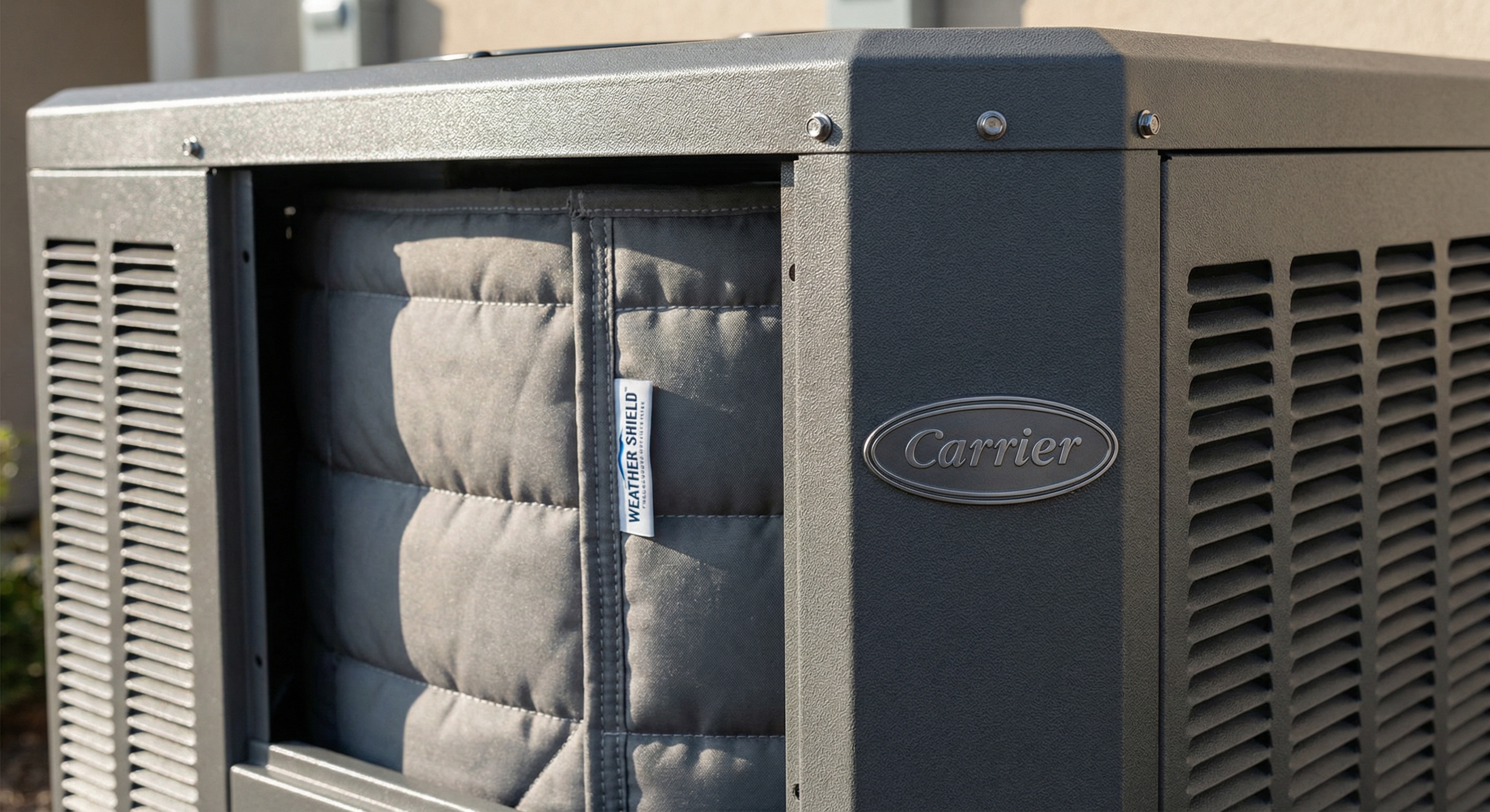 Close-up of premium Carrier AC unit showing build quality