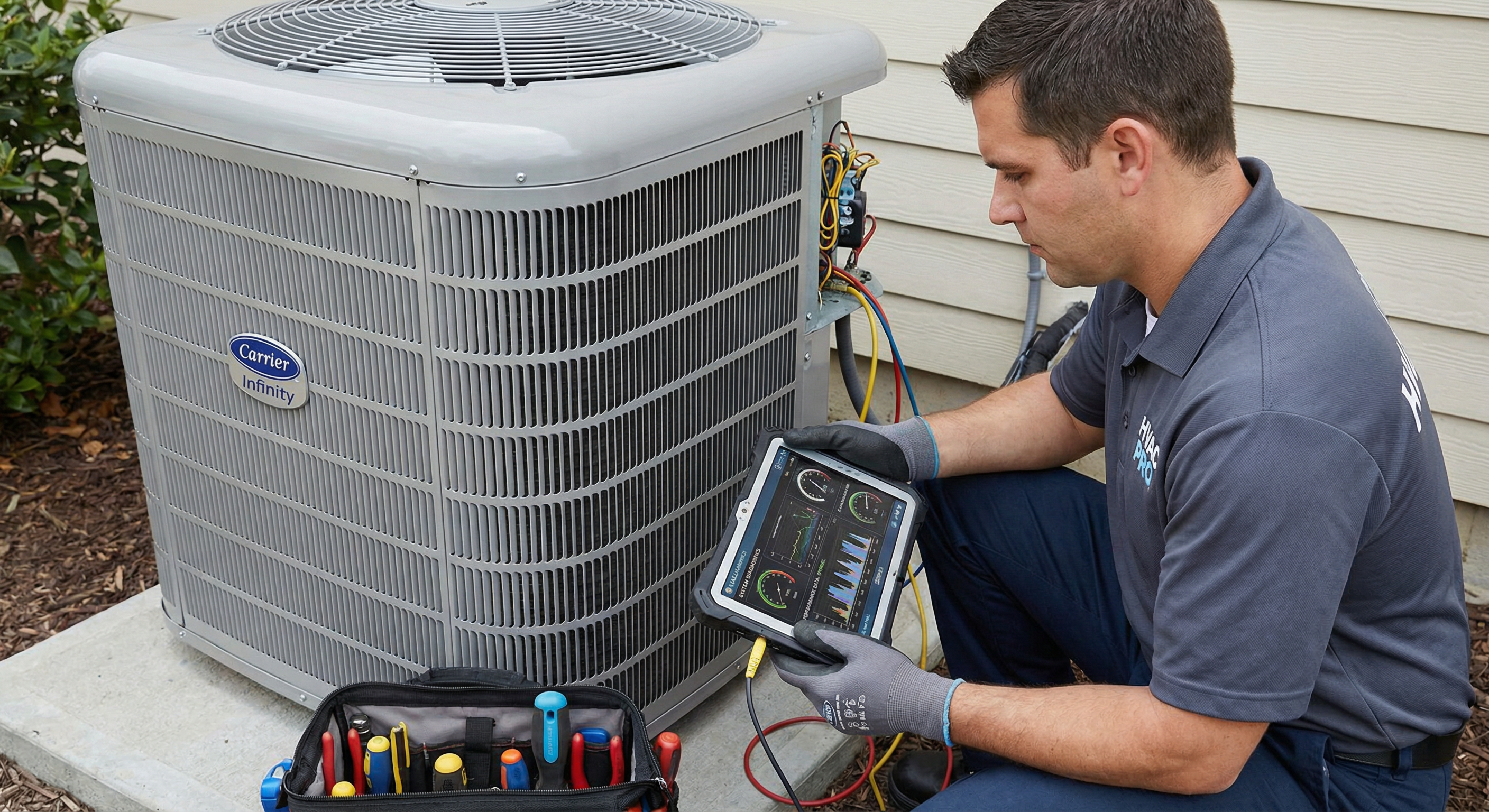 Technician using diagnostic tablet on high-end AC unit