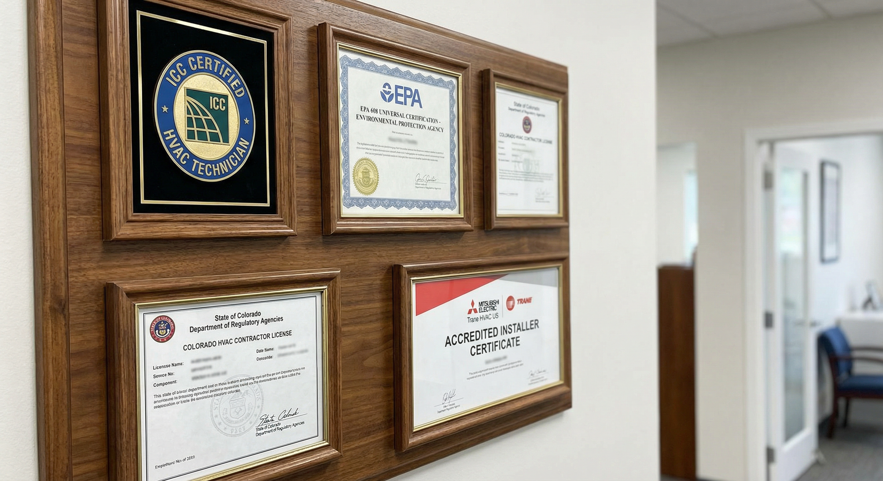 HVAC certifications on wall - ICC, EPA 608, Colorado License