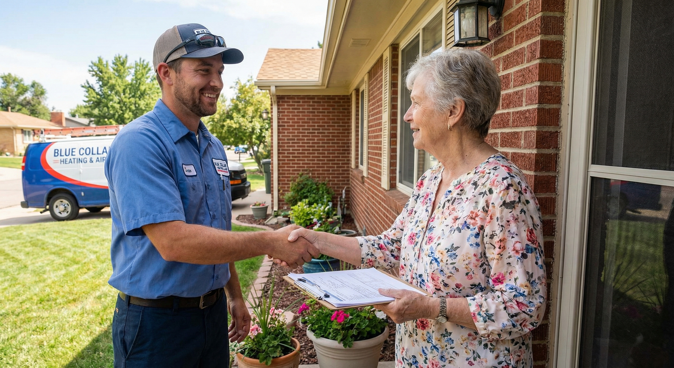 HVAC technician shaking hands with satisfied Thornton homeowner