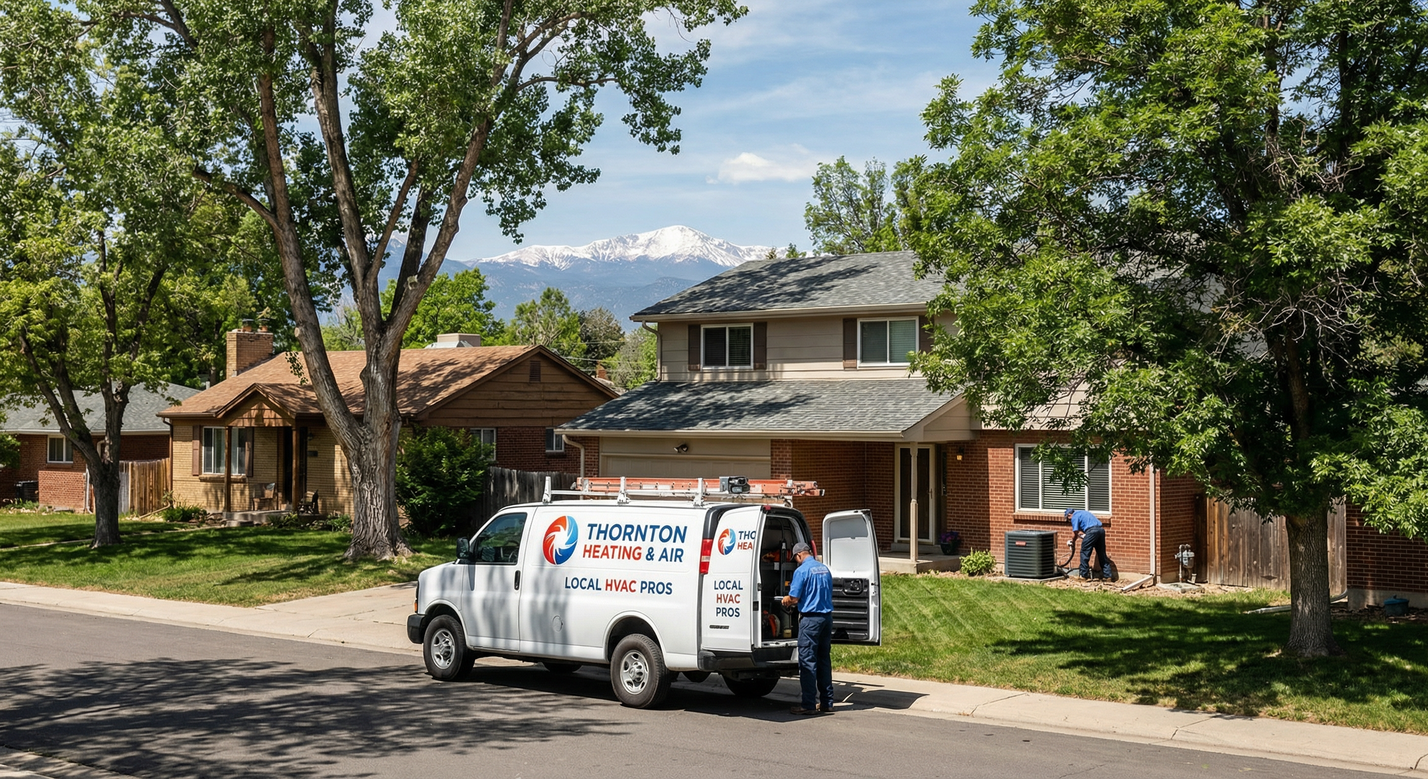 HVAC service truck in Thornton neighborhood with Rocky Mountains