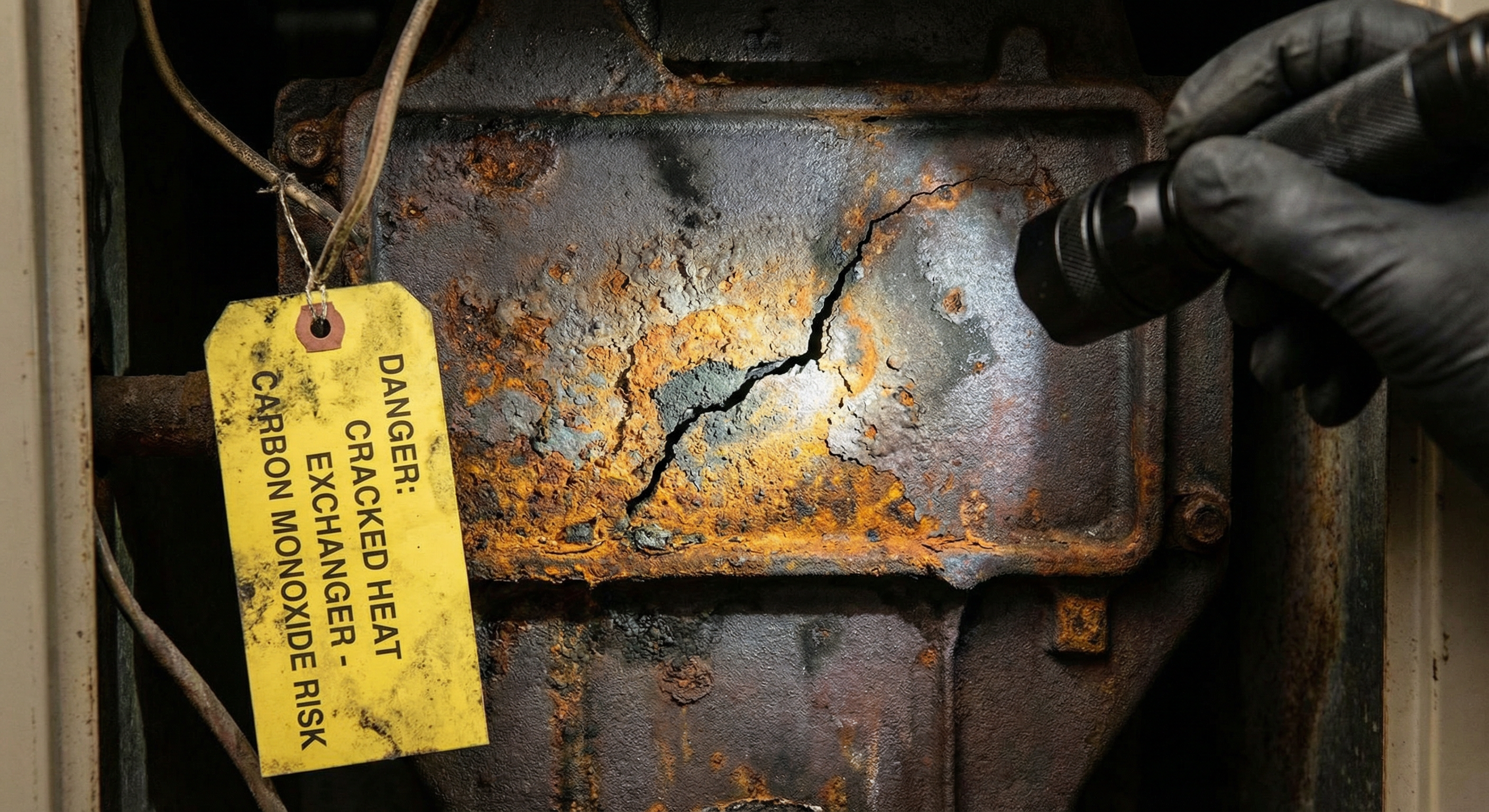 Cracked rusty furnace heat exchanger showing carbon monoxide risk