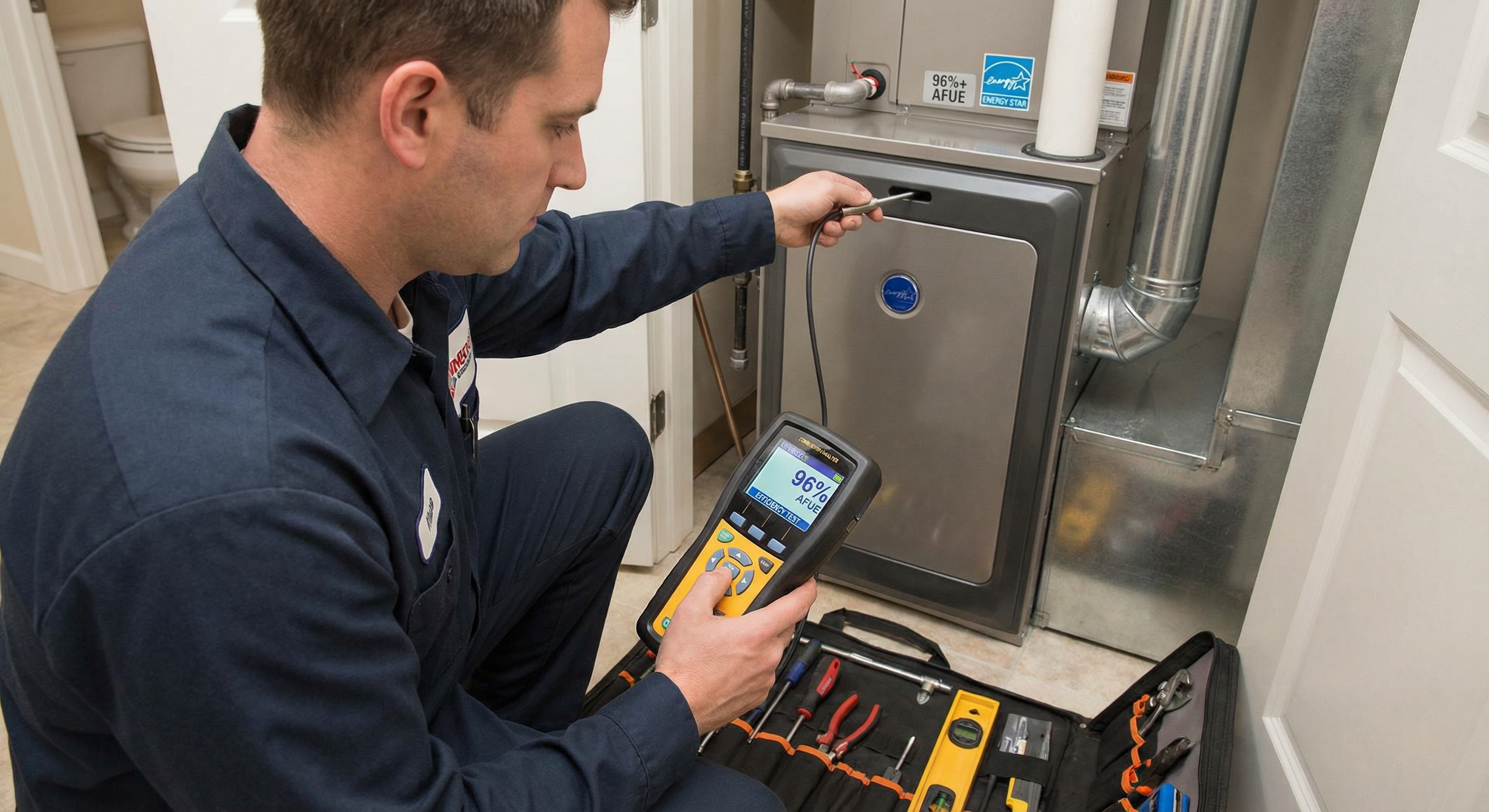 Technician testing new furnace efficiency with combustion analyzer