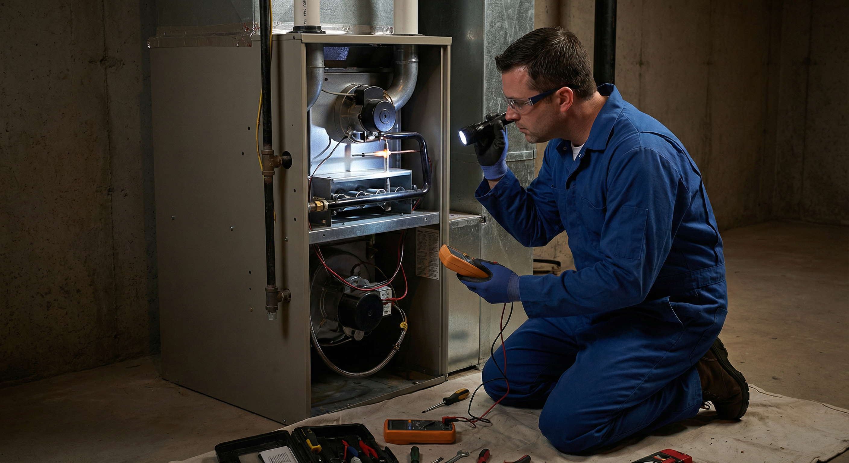 Technician inspecting furnace flame sensor with flashlight