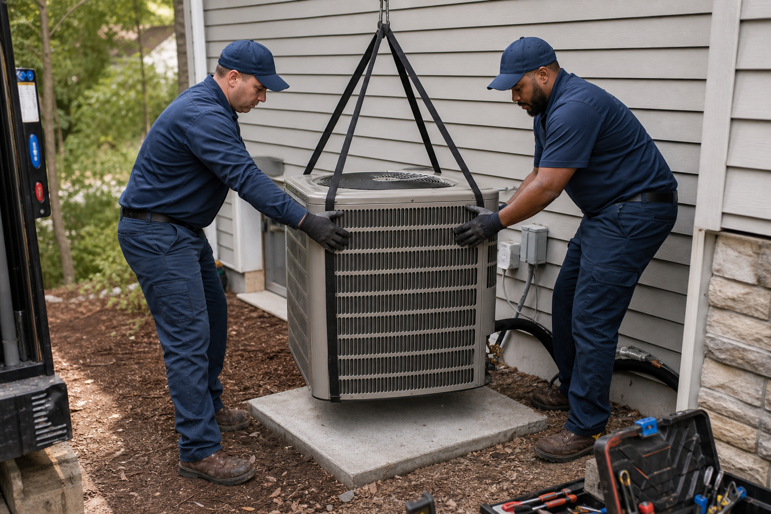 AC installation crew setting up outdoor condenser unit in Denver