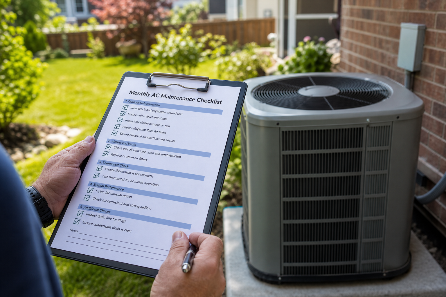 HVAC technician completing AC maintenance checklist for Denver homeowner