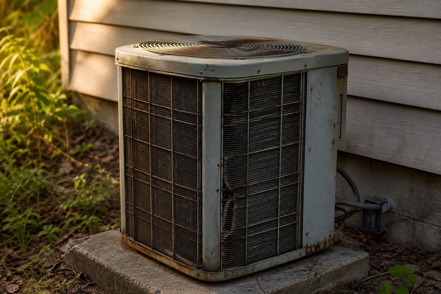 Outdoor AC condenser unit in Denver Colorado backyard showing age and wear