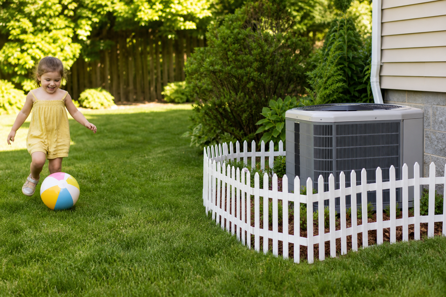 Outdoor AC condenser unit installed in Denver backyard requiring childproofing