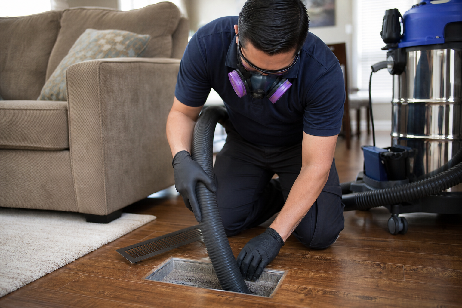 HVAC technician with maintenance checklist for duct cleaning service in Denver
