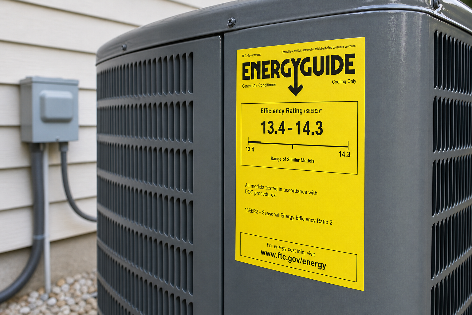 Side-by-side AC efficiency comparison showing SEER rating labels