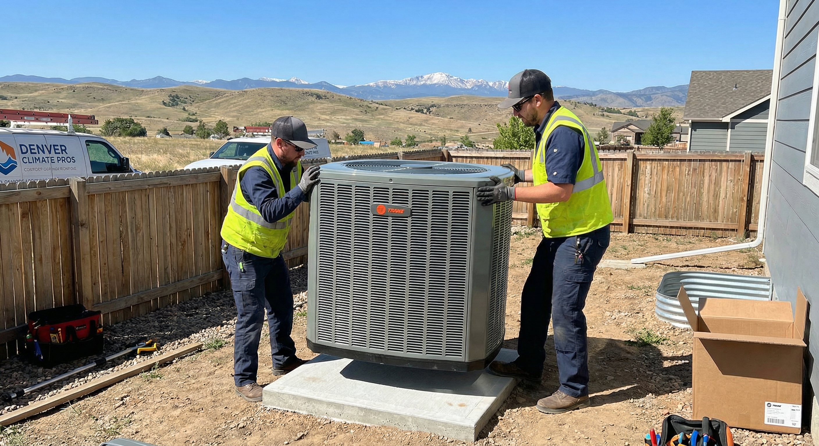 Denver Colorado home with AC unit and Rocky Mountains in background showing high-altitude HVAC challenges