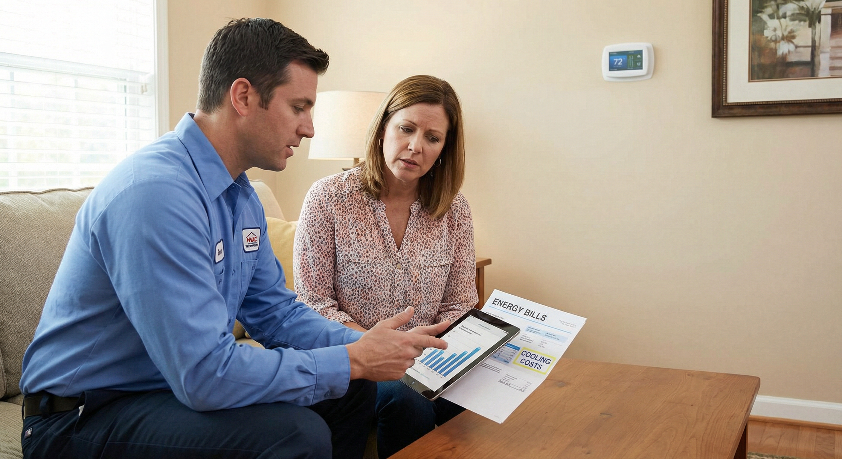 Technician showing homeowner rising energy bills on tablet