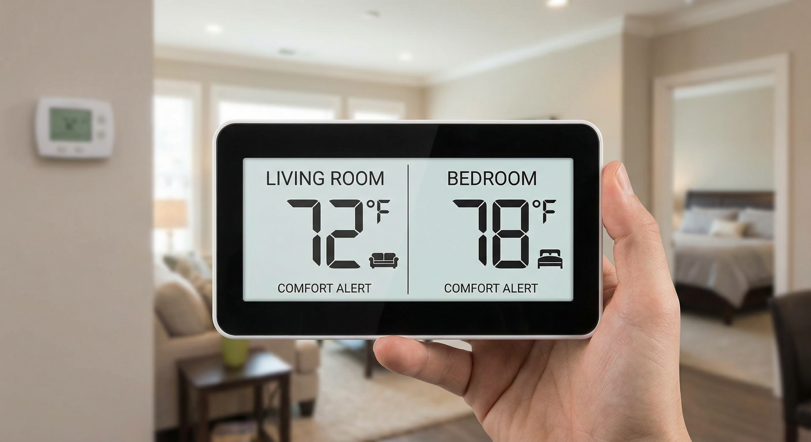 Digital thermometer showing inconsistent temperatures between rooms